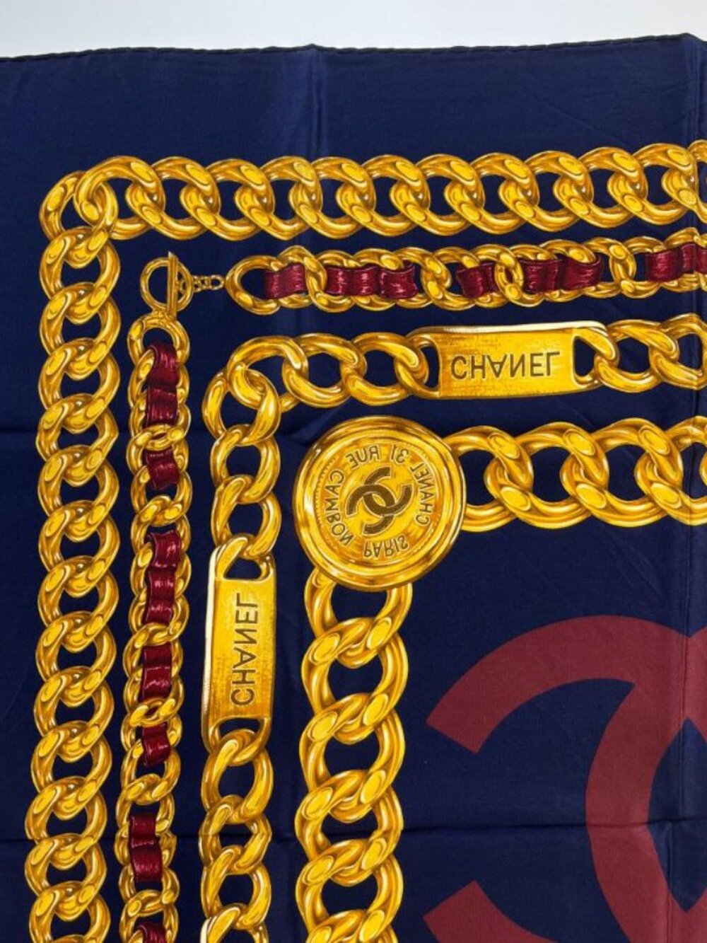 Chanel CC Logo Scarf Silk Gold Navy Vintage - Picture 7 of 11